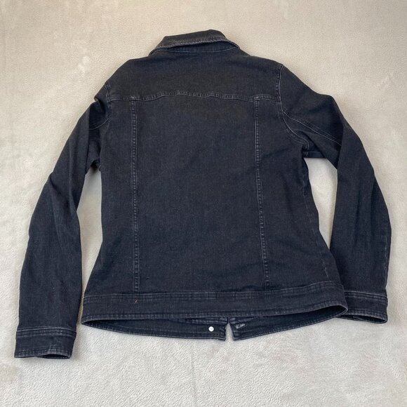 Women's Black Denim Jean Jacket Medium Stretch Fitted Classic Button Y2K - Picture 12 of 12
